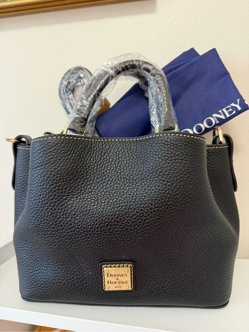 Dooney & Bourke Black Pebble Leather Satchel with Gold Logo Plate